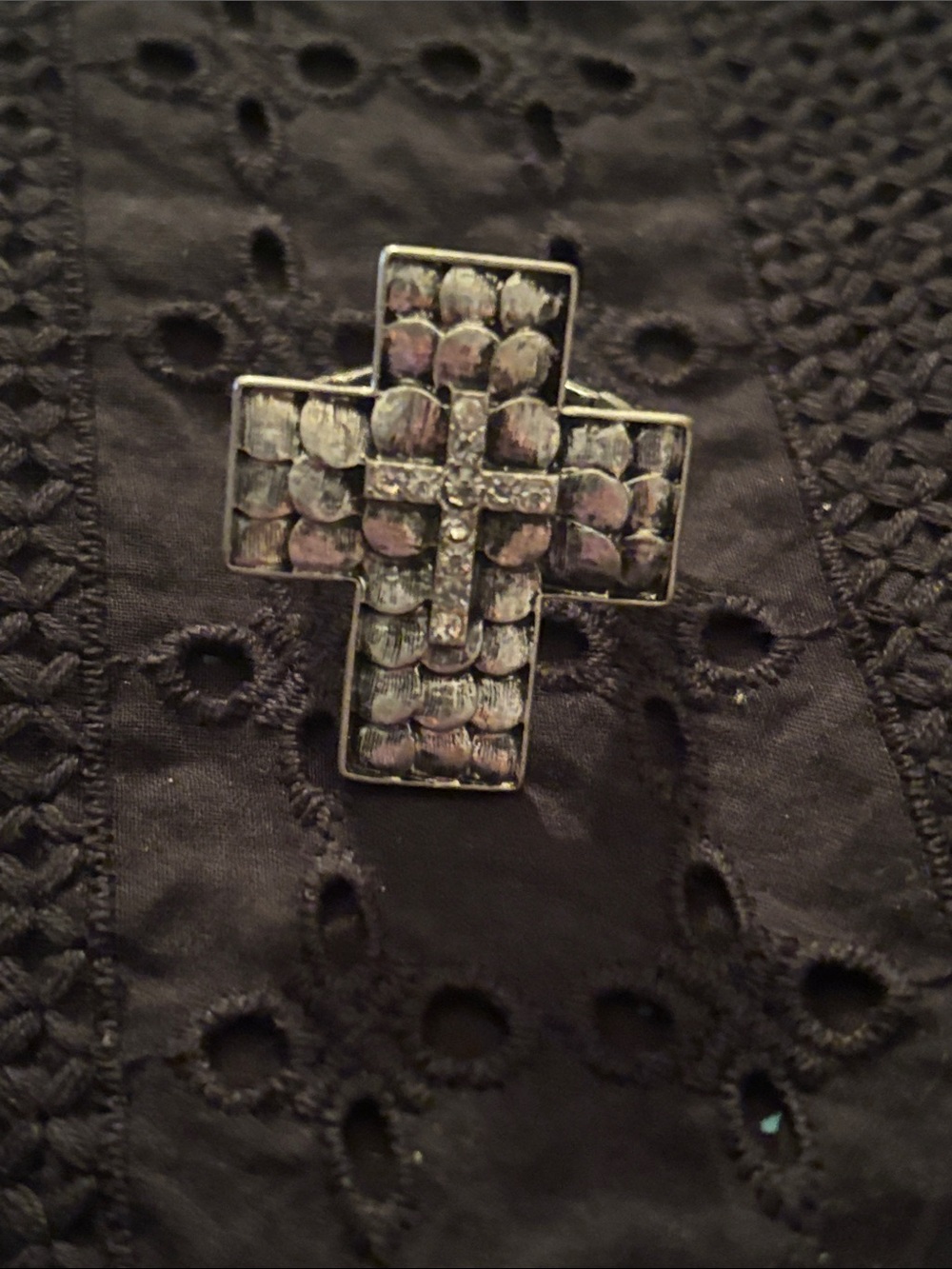 Silver-Tone Cross Stretch Ring with Clear Crystal Accents